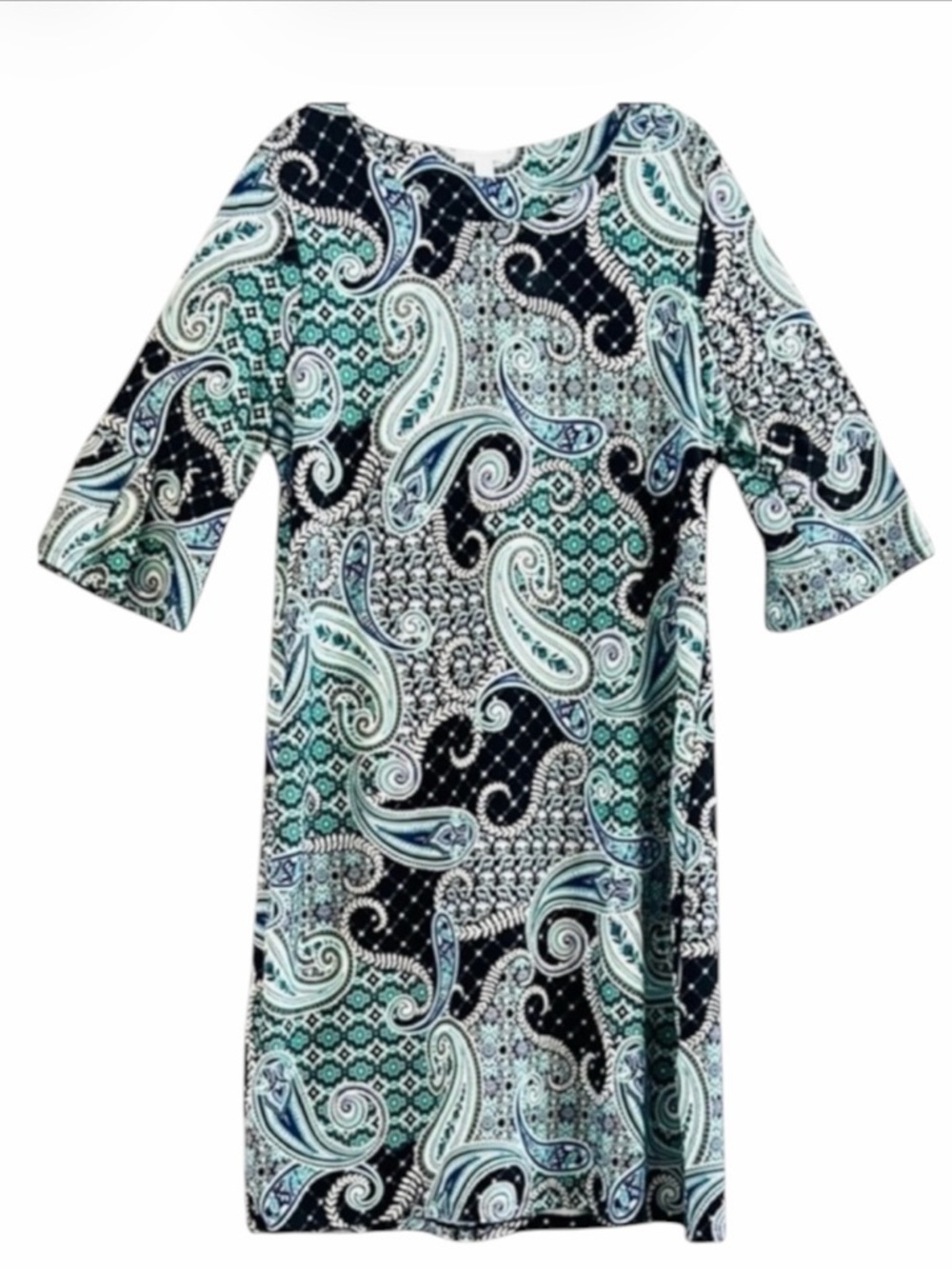 Charter Club Blue Teal Paisley Print 3/4 Sleeve Knit Crew Neck Shift Dress XL